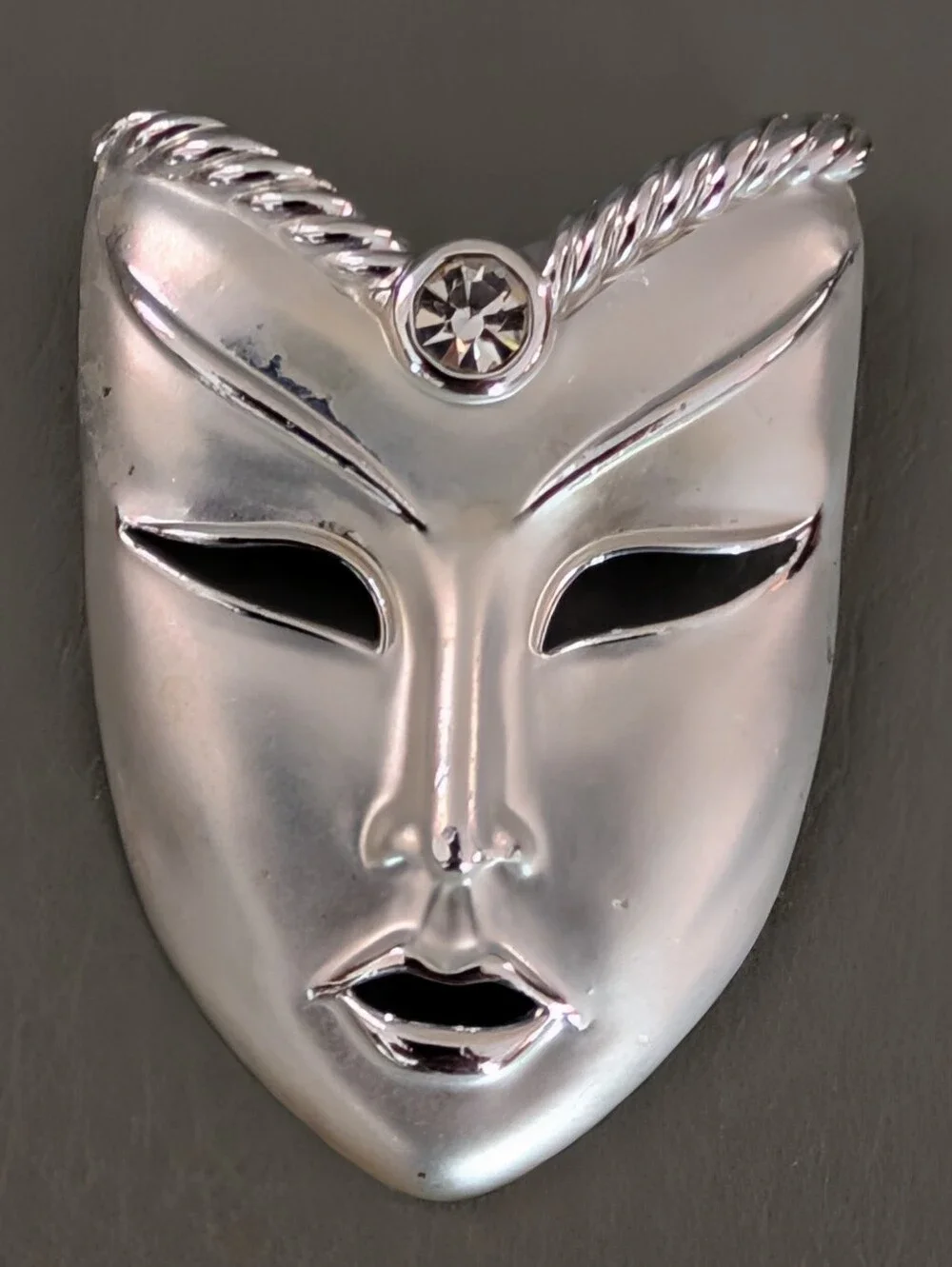 Silver Decorative Theater Mask Brooch with Rhinestone Accent